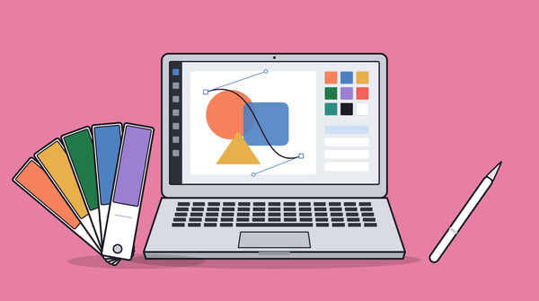 A laptop with a design app open, beside colour swatches and a stylus