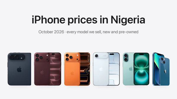 iPhone Duo, iPhone 18 Pro, iPhone 17 Pro Max, iPhone Air, iPhone 16 and iPhone 13 side by side under the title iPhone prices in Nigeria, October 2026