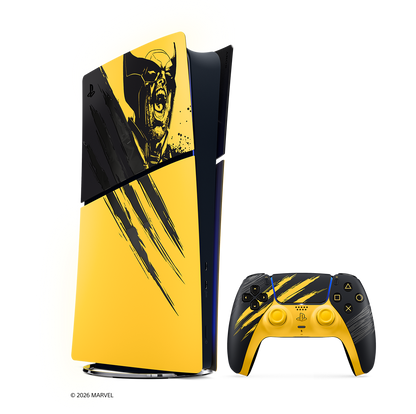 PS5 Digital Edition Marvel's Wolverine Battle Yellow console with DualSense controller