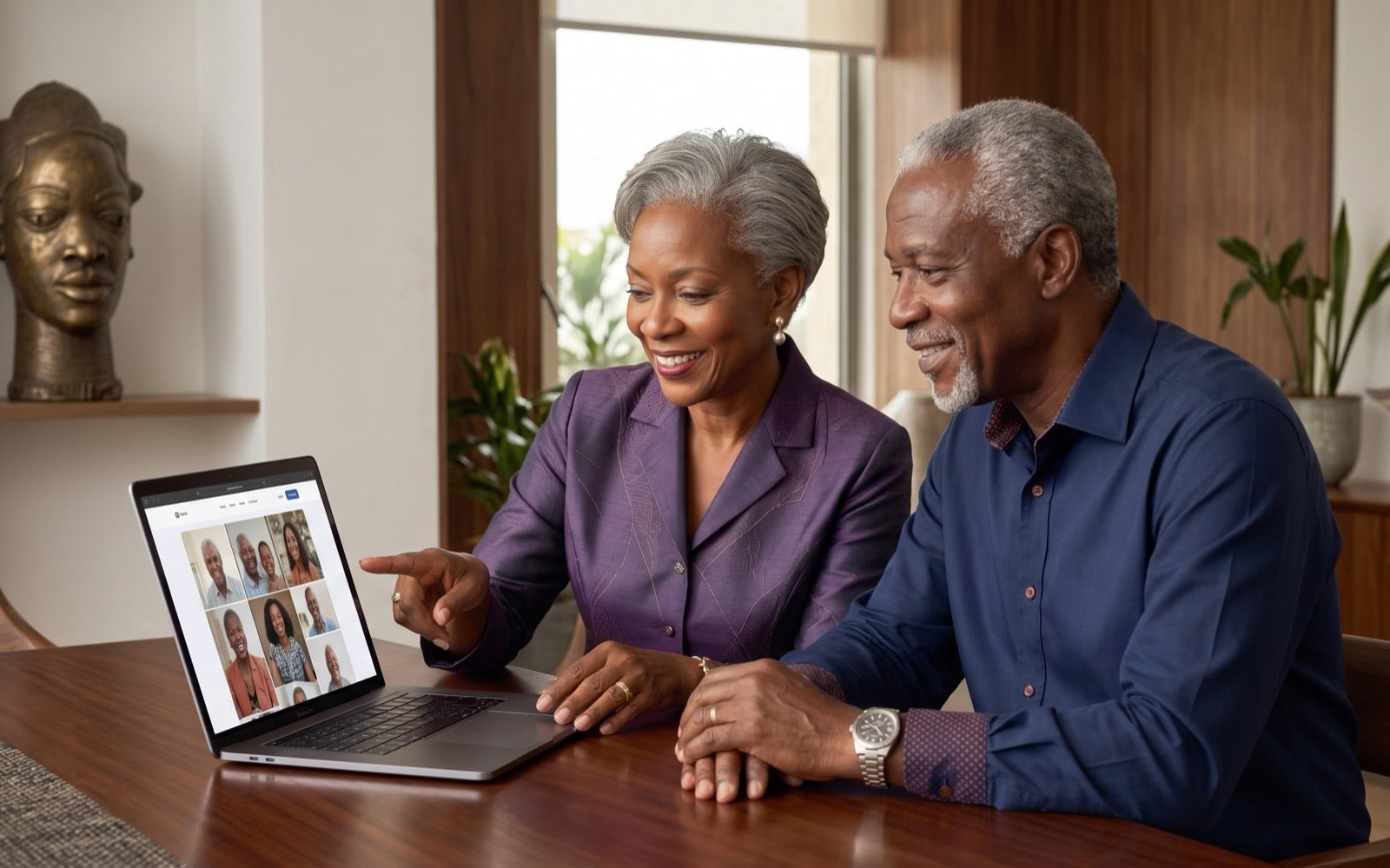 A couple at home on a video call, on a laptop sent to them by family abroad