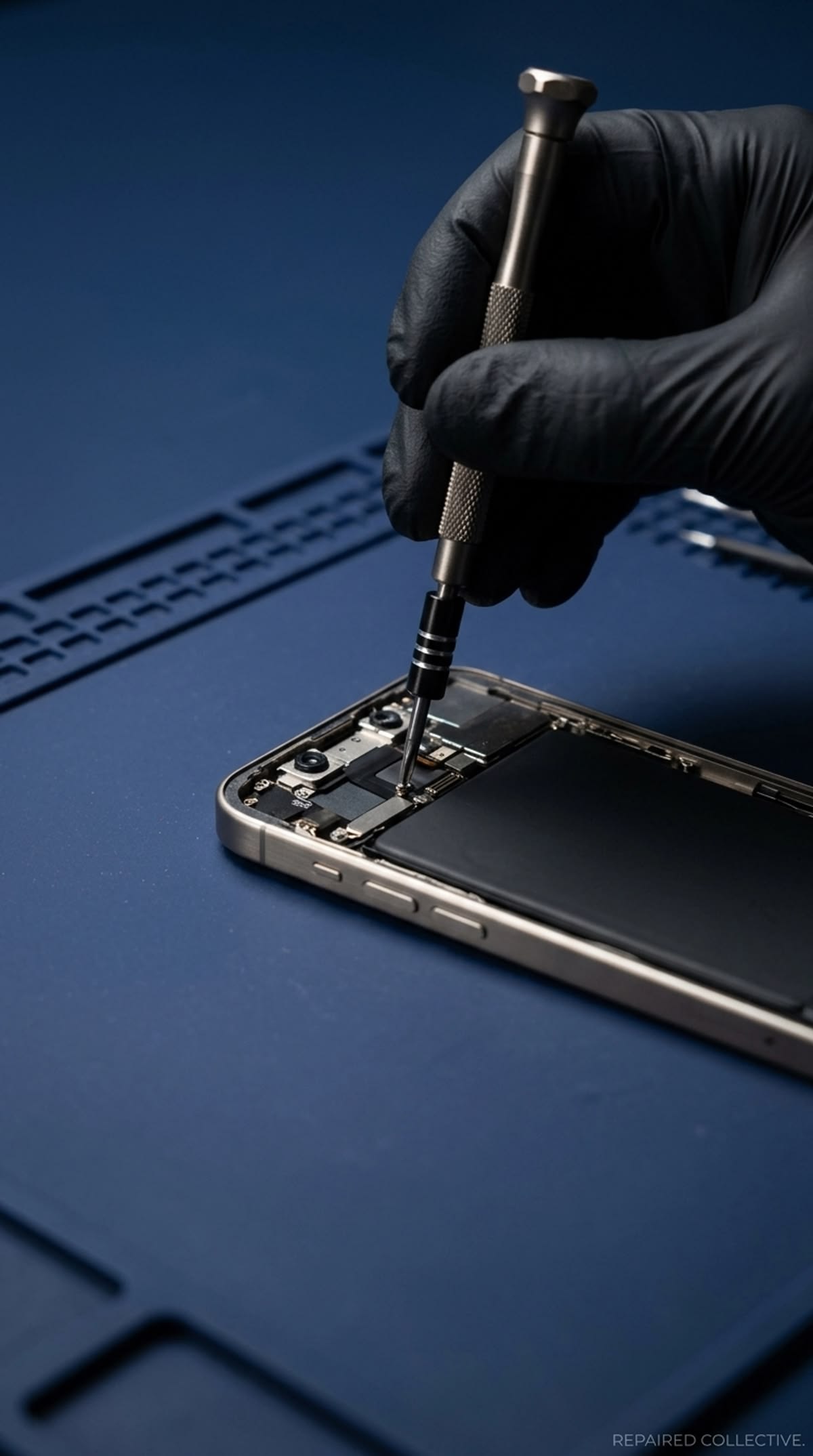 A technician in black gloves unscrewing the inside of an opened iPhone